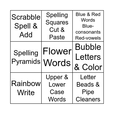 Spelling Bingo Card