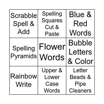 Spelling Bingo Card