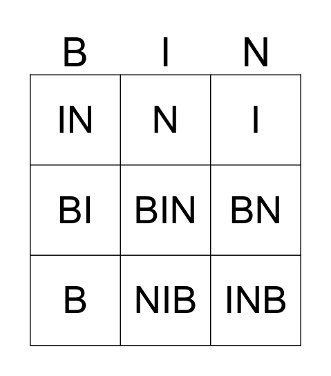 Bin Bin Bingo Card