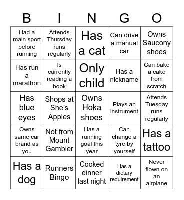 Runners' "Get to know you" Bingo Card