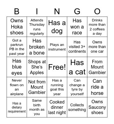 Runners' "Get to know you" Bingo Card