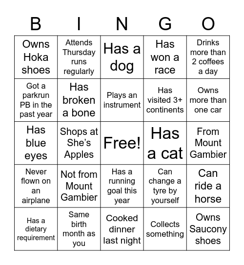Runners' "Get to know you" Bingo Card