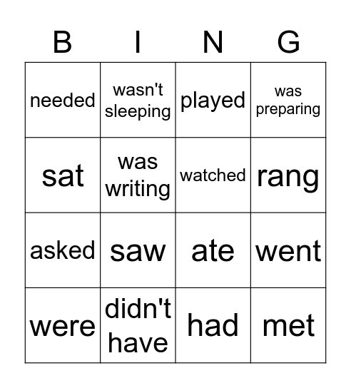 Past Simple/ Progressive Bingo Card