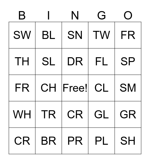 Consonant Blends Bingo Card