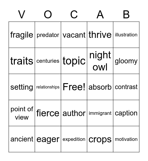 iReady Vocab Bingo Card