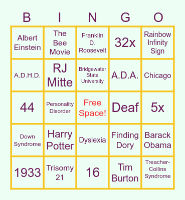 Neurodiversity History  and Trivia Bingo! Bingo Card