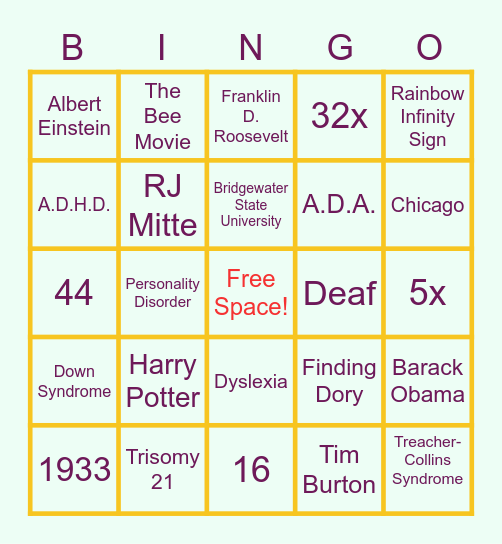 Neurodiversity History  and Trivia Bingo! Bingo Card