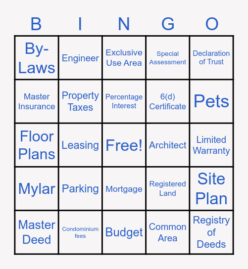 Condominium Law 101 Bingo Card