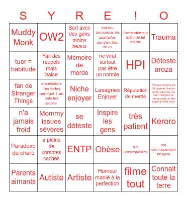 Le bingo de Syre Bingo Card