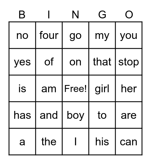 Sight Words Bingo Card