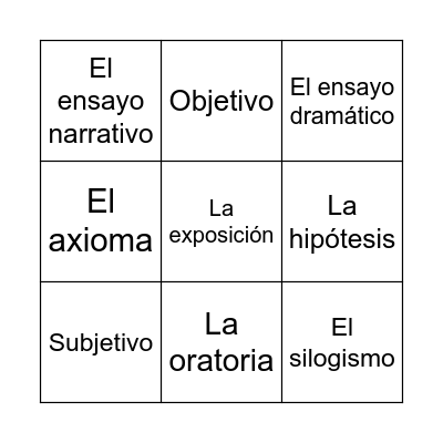 Vocabulario - ensayos Bingo Card