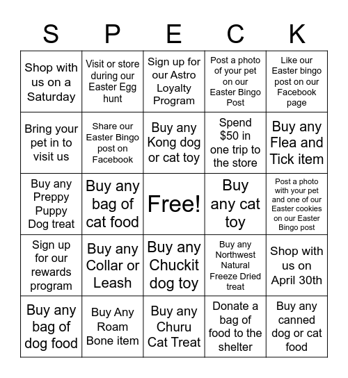 Speck's Columbus Easter Bingo Card