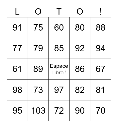 Chiffres 60-108 Bingo Card