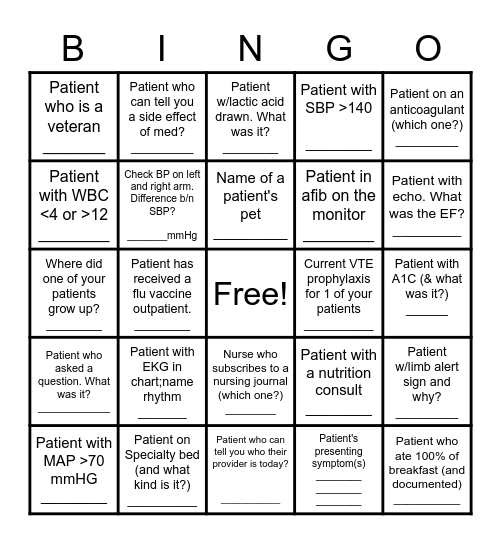 Nursing Clinicals Bingo Card