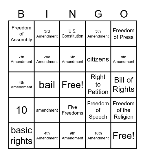 The Bill of Rights Bingo Card