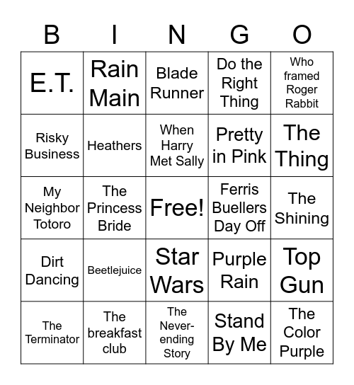80's Movies Bingo Card