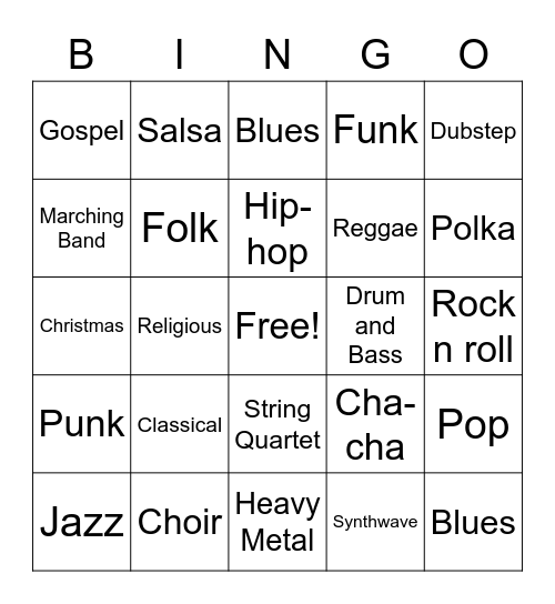 Music Genre Bingo Card