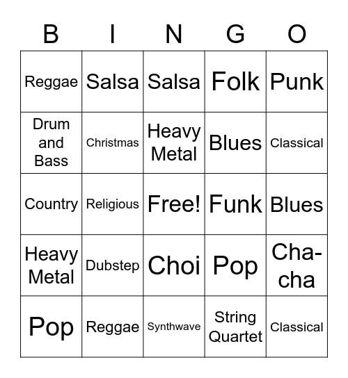 Music Genre Bingo Card