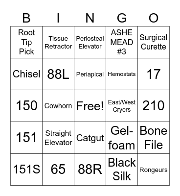 Oral Surgery Bingo Card