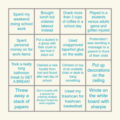 Teacher Tell-All Bingo Card