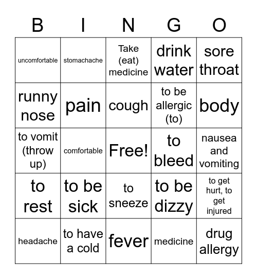 C7 Symptoms of Illness (English) Bingo Card