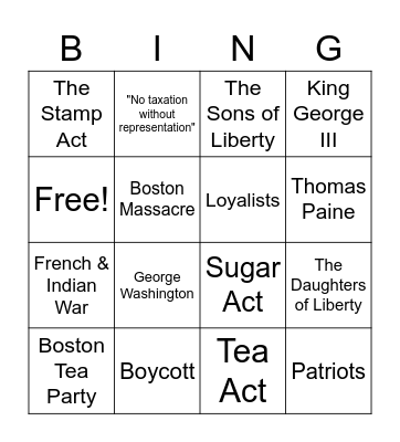 Causes of the American Revolution Bingo Card