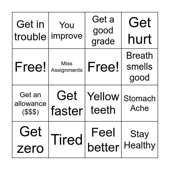 Actions and Consequences Bingo Card