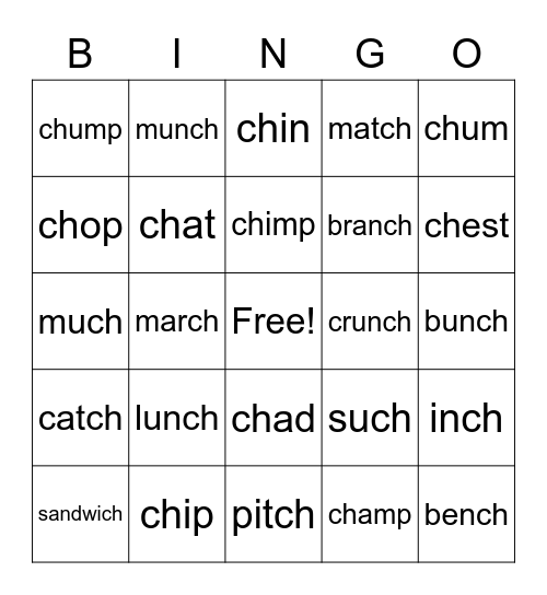 Ch words Bingo Card