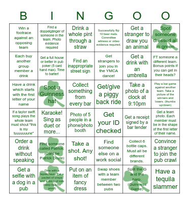 St Patricks Day Crawl Bingo Card