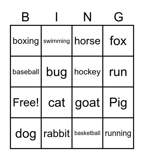 Sports and Animals Bingo Card