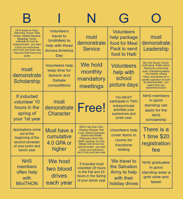 National Honor Society ESHS-S Bingo Card