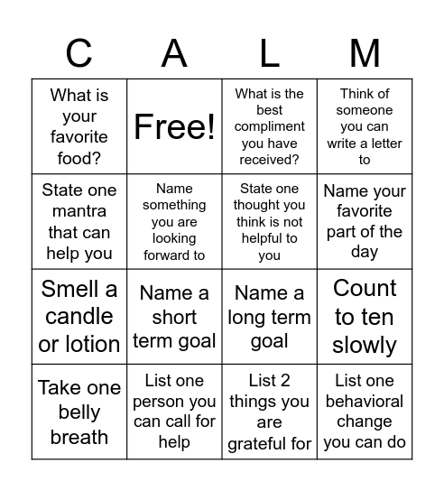 CALM Bingo Card