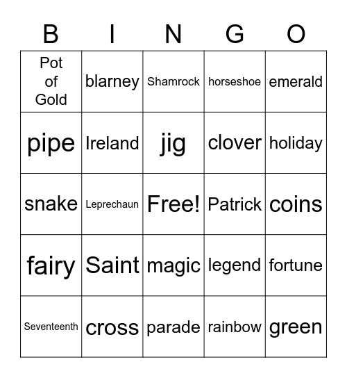 Saint Patrick's Day Bingo Card