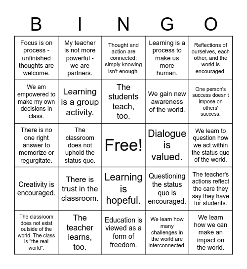 Problem-Posing Pedagogy (Freire) Bingo Card