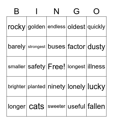 Suffixes Bingo Card