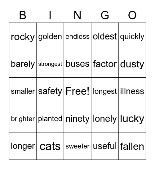 Suffixes Bingo Card