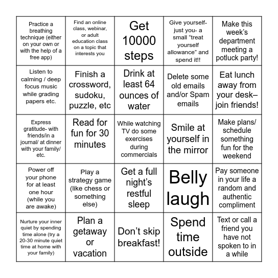 Wellness Week Bingo Card