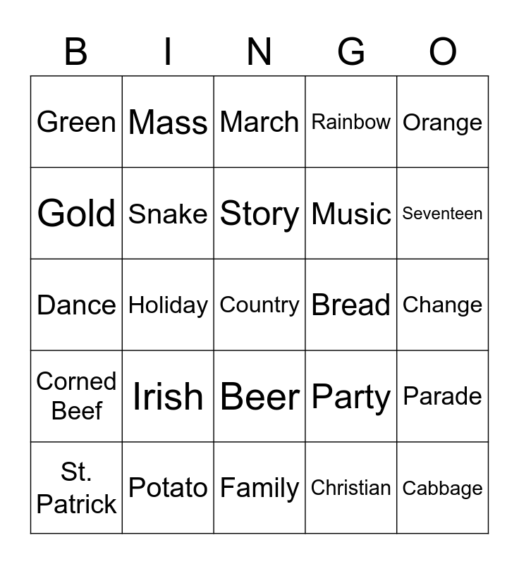 Irish Bingo Card