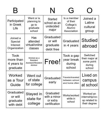 College Bingo Card