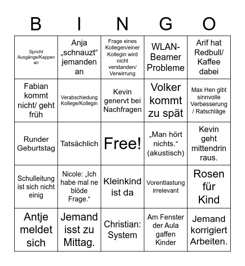 GSG Kollegiums-Bingo Lehrerkonferenz Bingo Card