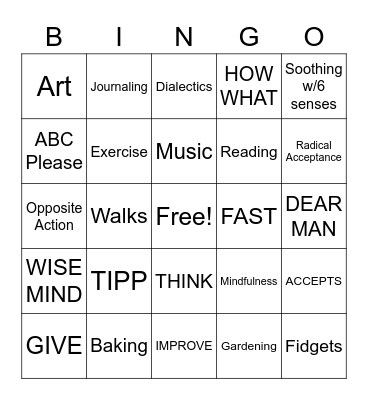 DBT Bingo/Coping Skills Bingo Card