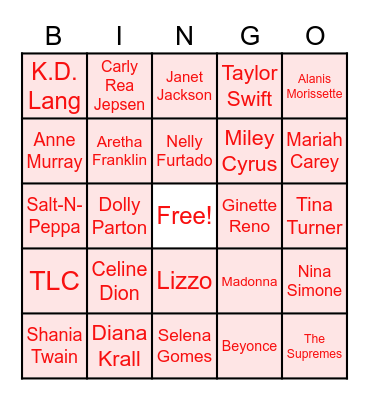 Female Music Artists Bingo Card