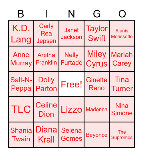 Female Music Artists Bingo Card