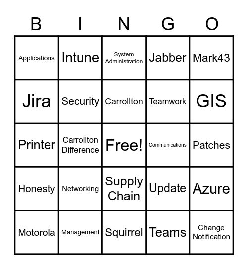 Carrollton IT Bingo! Bingo Card