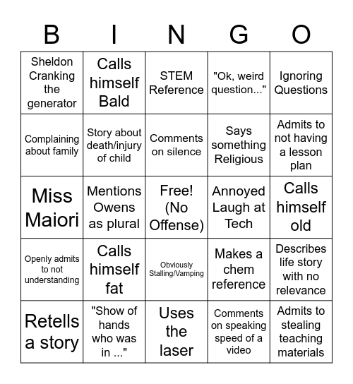 Kohler Bingo Card