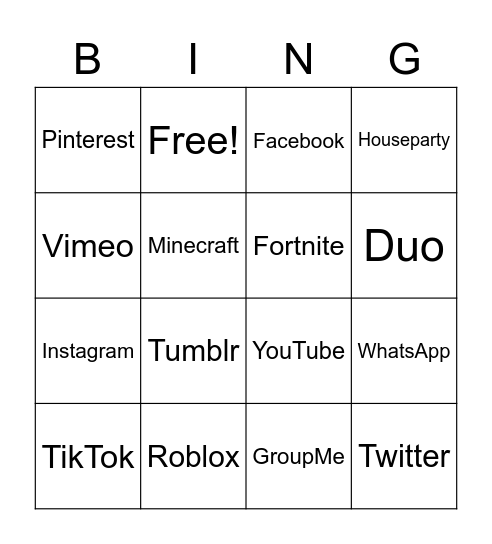 Social Media, Emoji, Gaming Bingo Card
