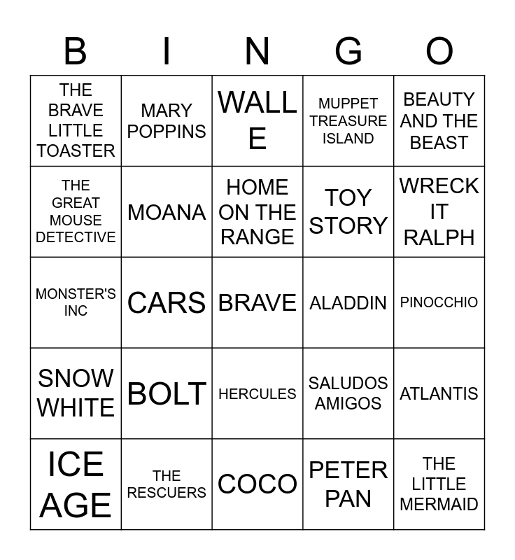 Disney Movie Bingo Card