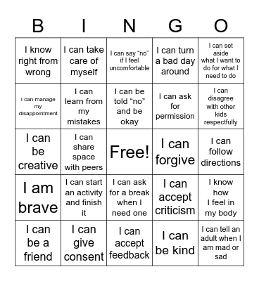 Coping Skills Bingo Card