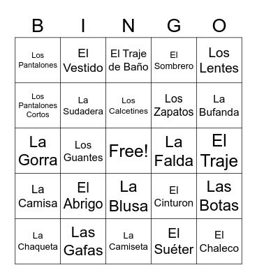 La Ropa Bingo Card