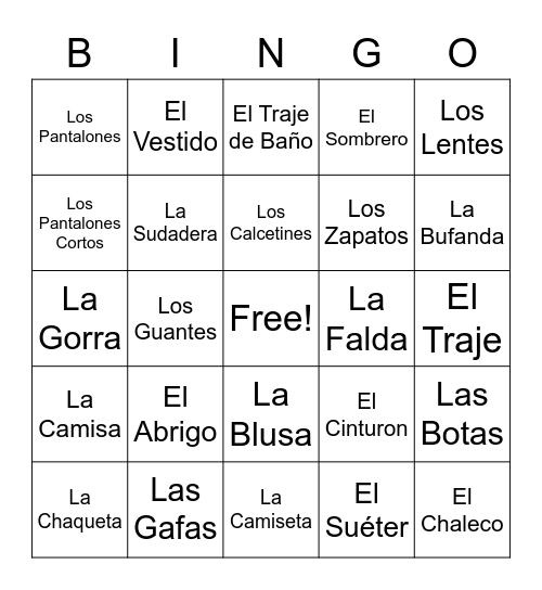 La Ropa Bingo Card